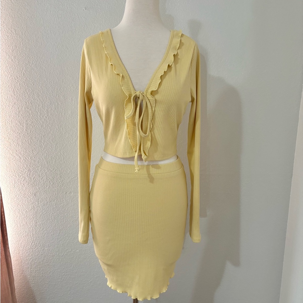 Papermoon Sweater Cardigan Yellow Ribbed Skirt Set Medium